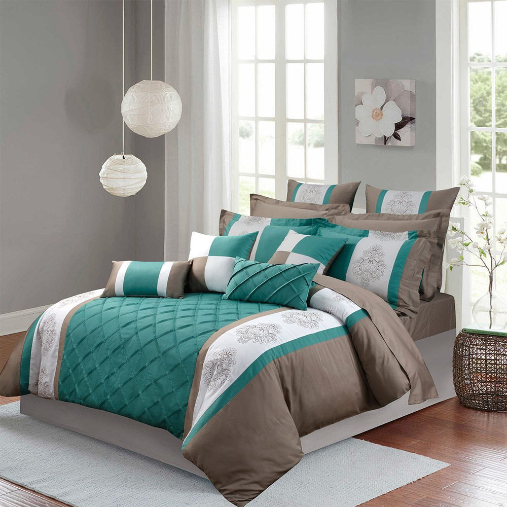 Luxury Embroidered Duvet Set-Teal and Coffe