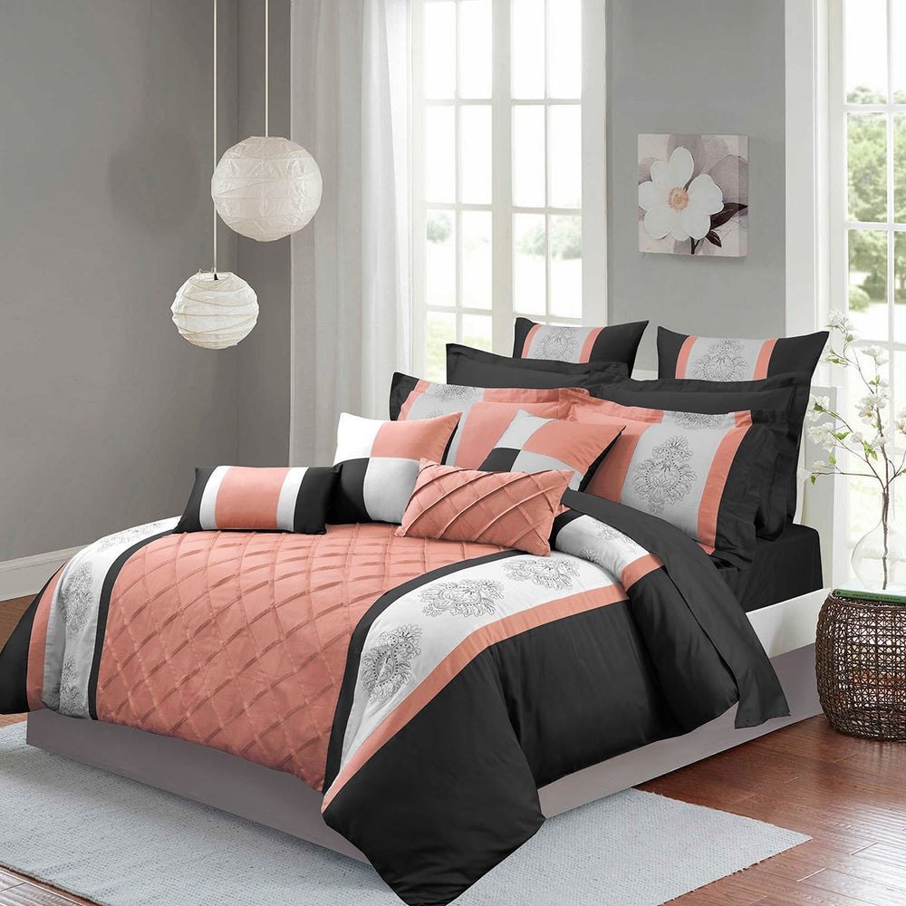 Luxury Embroidered Duvet Set-Peach and Black