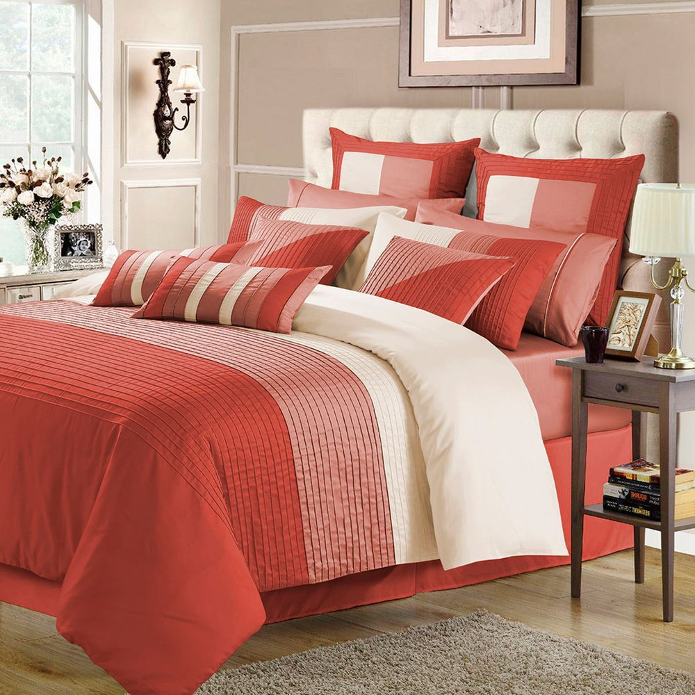 Embellish Horizontal Pleats Duvet Set Coral & Peach