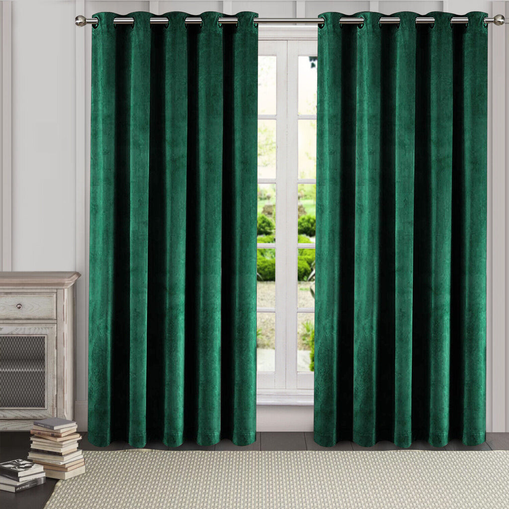 2 Piece Luxury Plain Velvet Curtain-Green