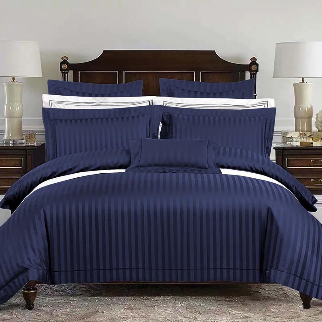 6 Pcs Micro Stripe Duvet Set Nevy Blue