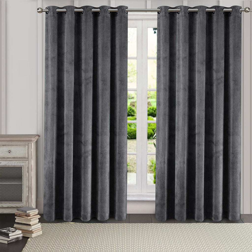 2 Piece Luxury Plain Velvet Curtain-GREY