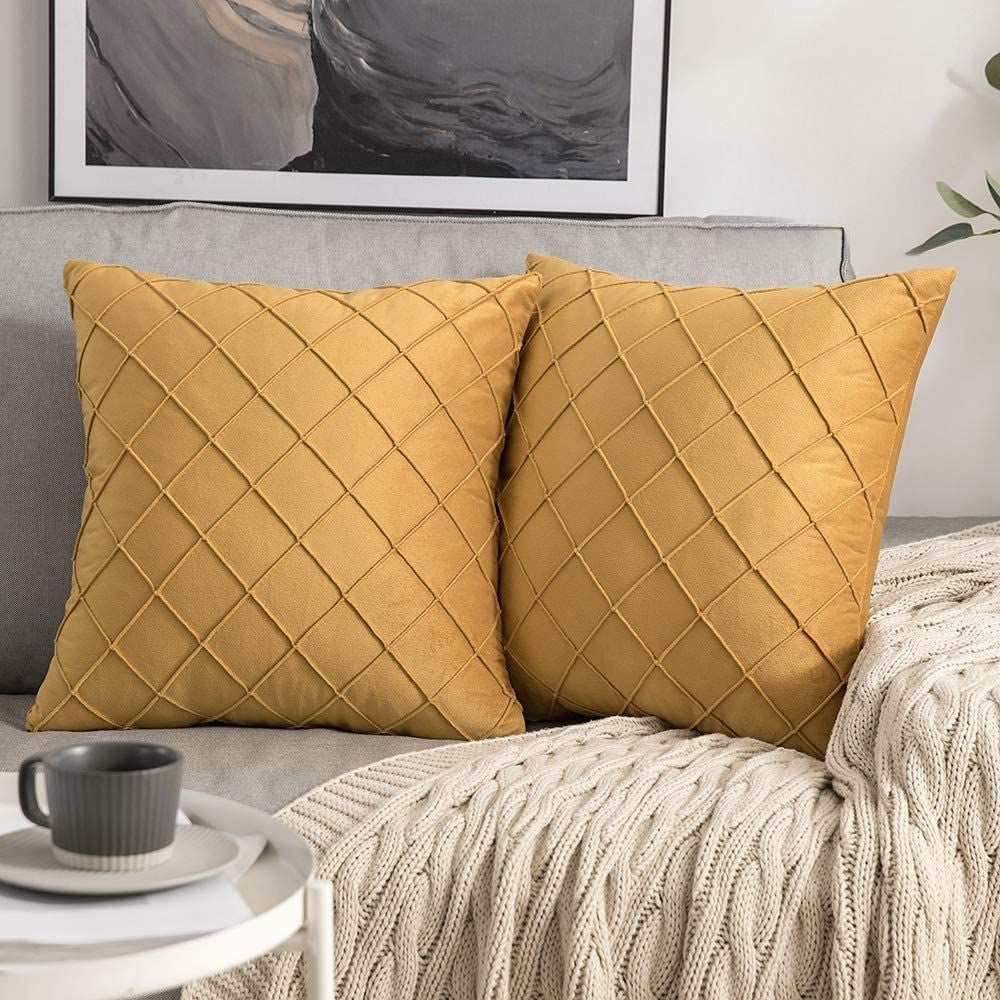 Pack of 2 Velvet Pleated Square Cushion - Mustard