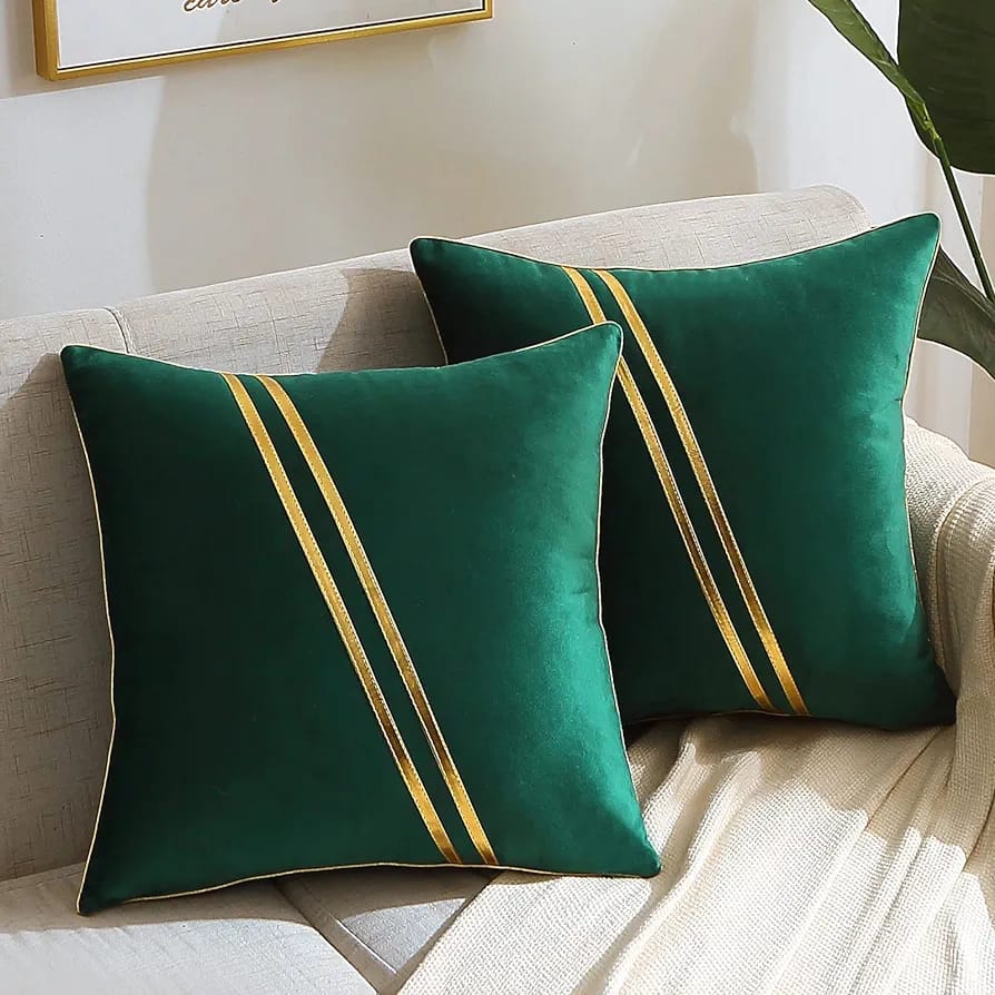 Luxury Velvet Cushion Covers Green With Gold.