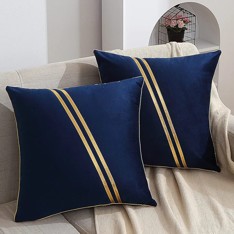 Luxury Velvet Cushion Covers Blue With Gold.