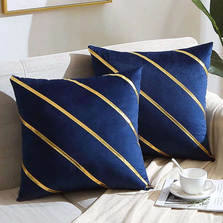 Luxury Velvet Cushion Covers Blue With Gold.