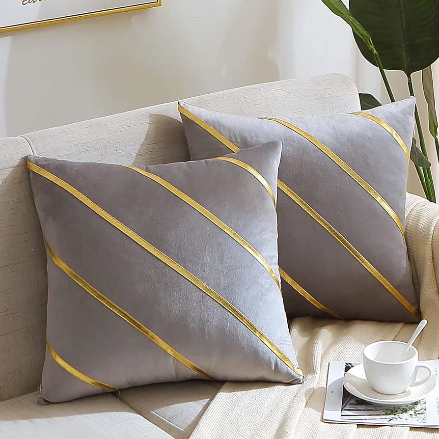 Luxury Velvet Cushion Covers Grey With Gold.