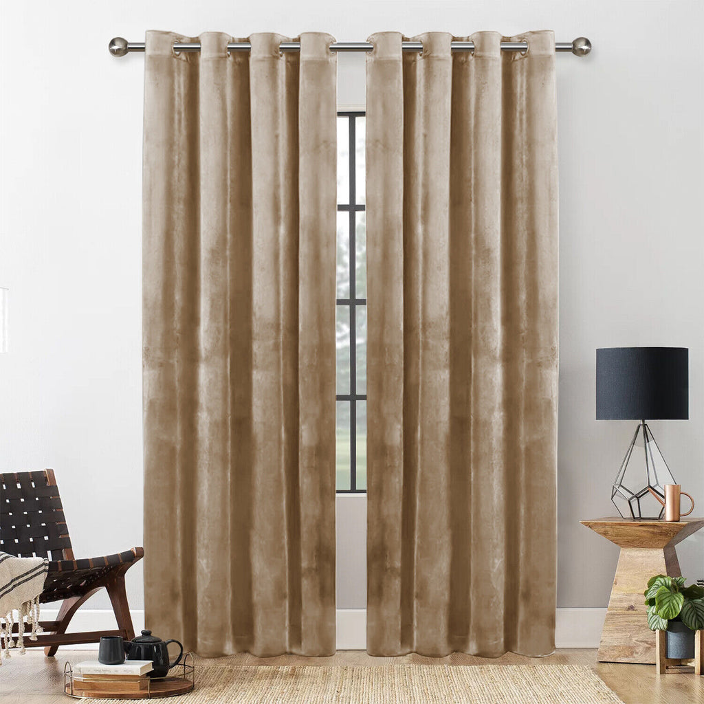 2 Piece Luxury Plain Velvet Curtain-Beige