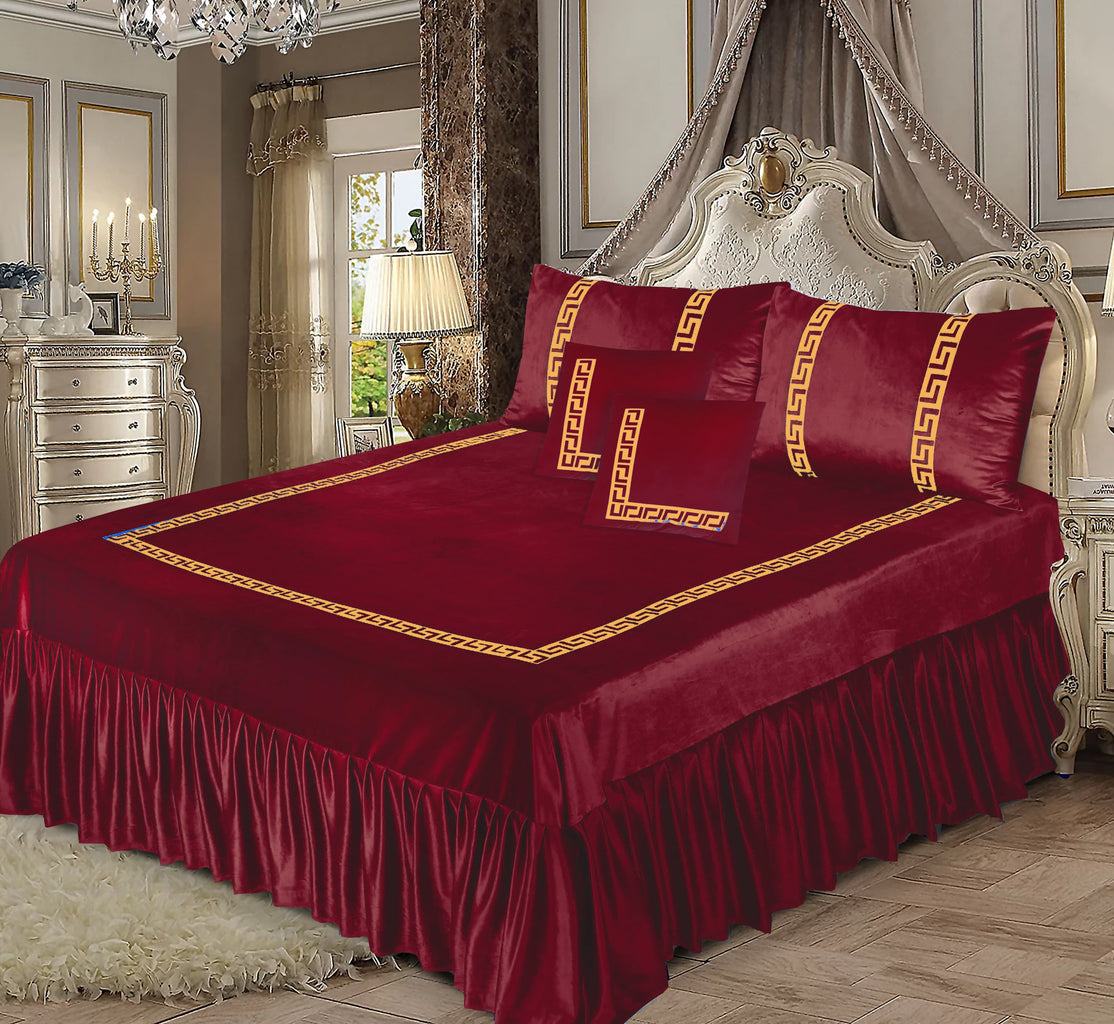 5PCS MAROON VELVET FRILL BED SHEET SET BE-1504