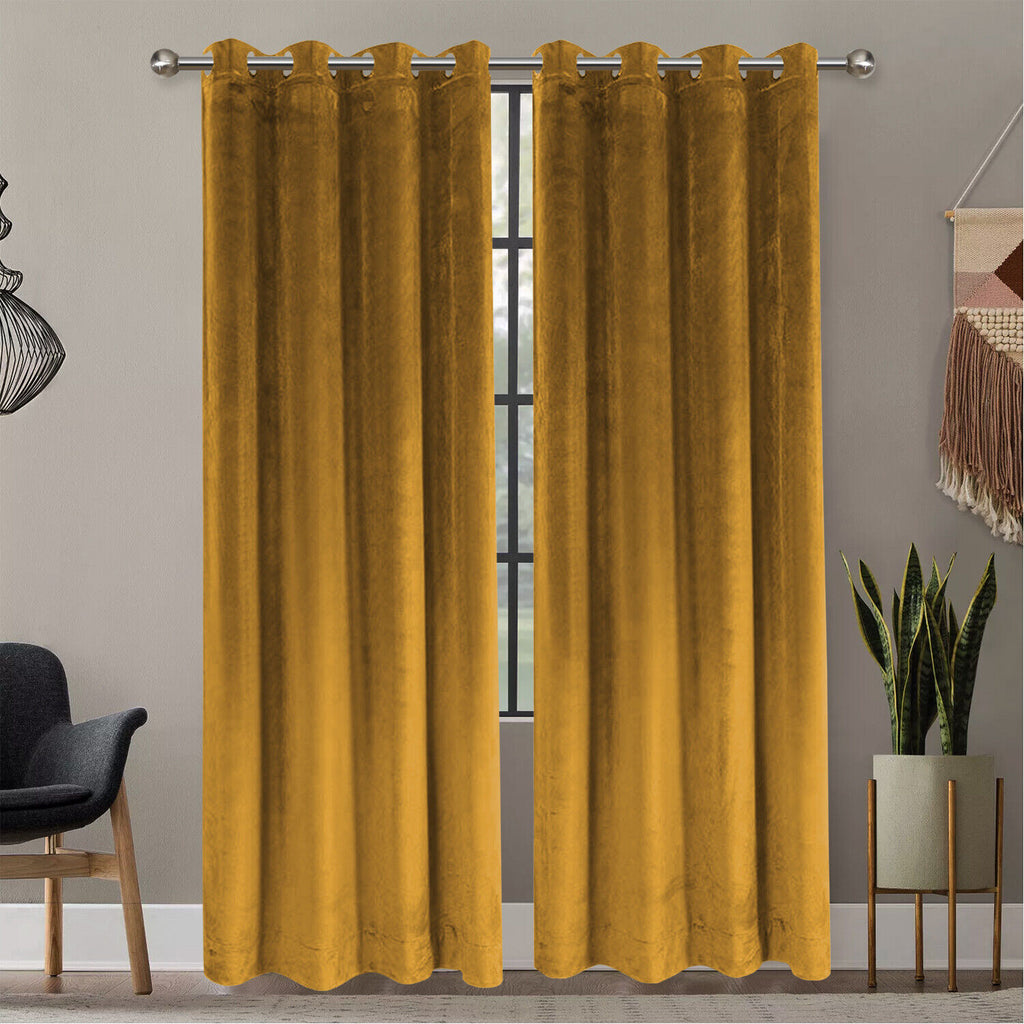 2 Piece Luxury Plain Velvet Curtain-Golden