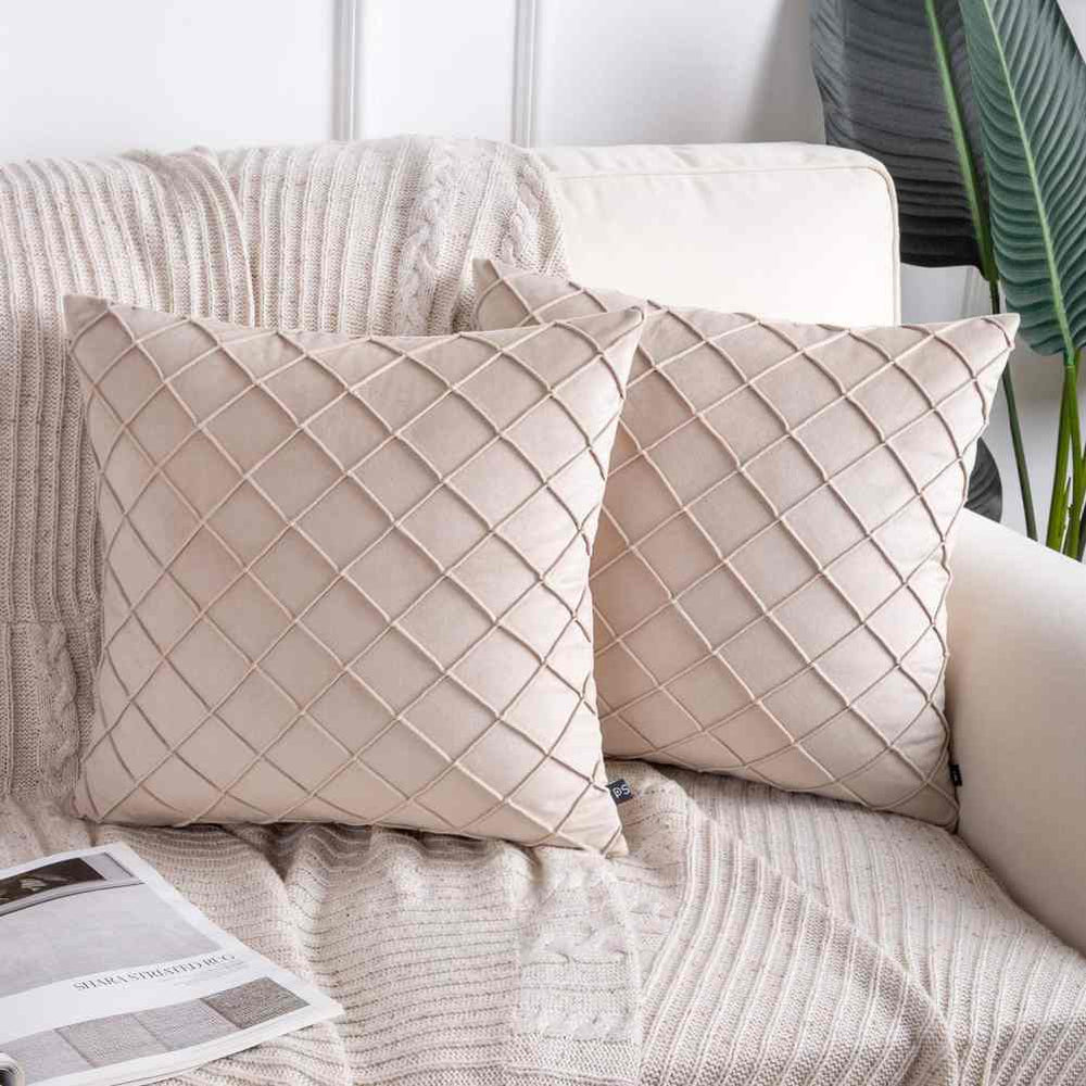 Pack of 2 Velvet Pleated Square Cushion - Beige