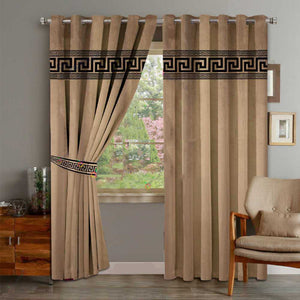 2 Panels Luxury Velvet Embroidered Curtains With 2 Belts(Beige & Black)