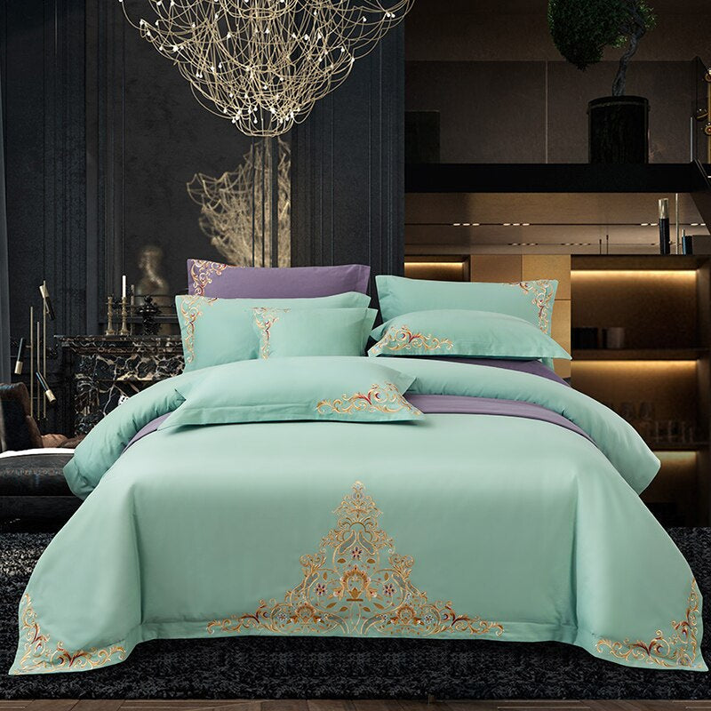 Mariana Centered Embroidered Motif Duvet Cover Set-Mint Green