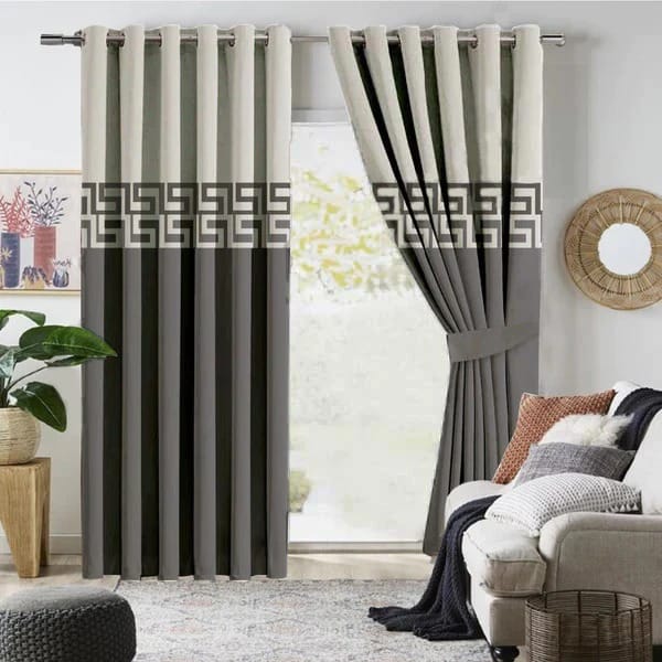 2 PIECE OF PREMIUM VELVET CURTAINS BORDER DESIGN (GREY & OFFWHITE)