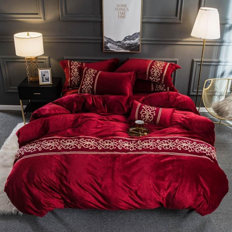 Luxury Aplic Work Velvet Duvet Red