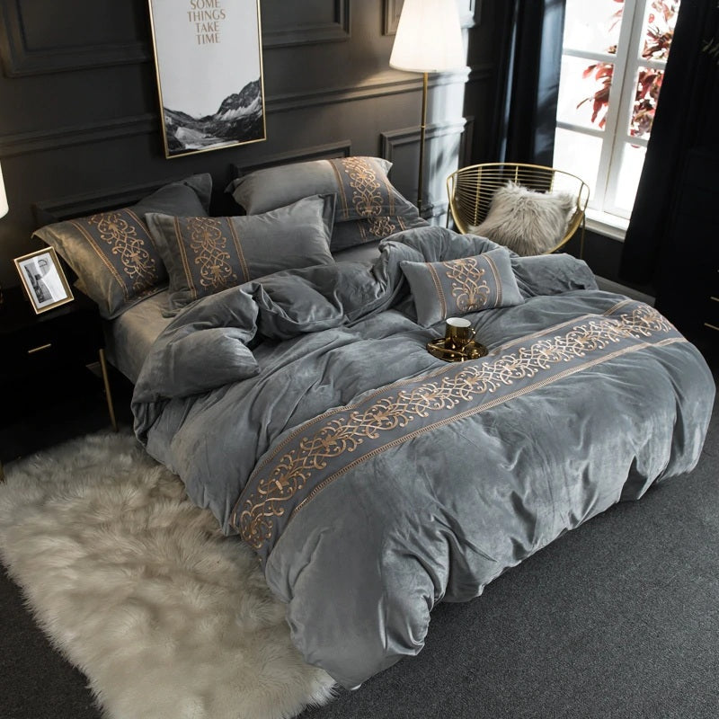 Luxury Aplic Work Velvet Duvet Silver Grey