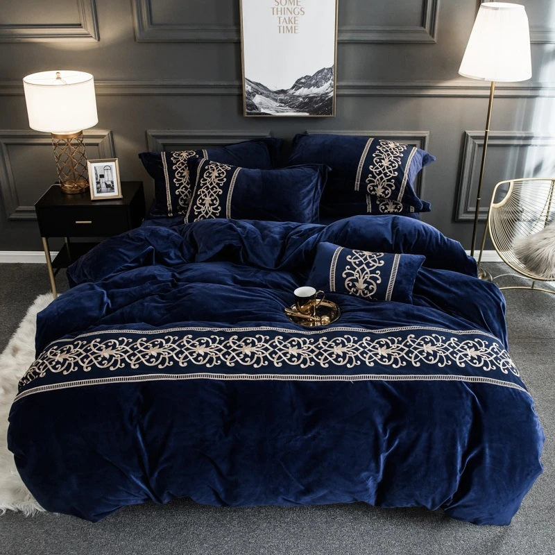 Luxury Aplic Work Velvet Duvet Navy Blue