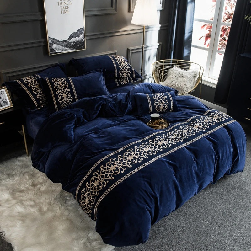 Luxury Aplic Work Velvet Duvet Navy Blue