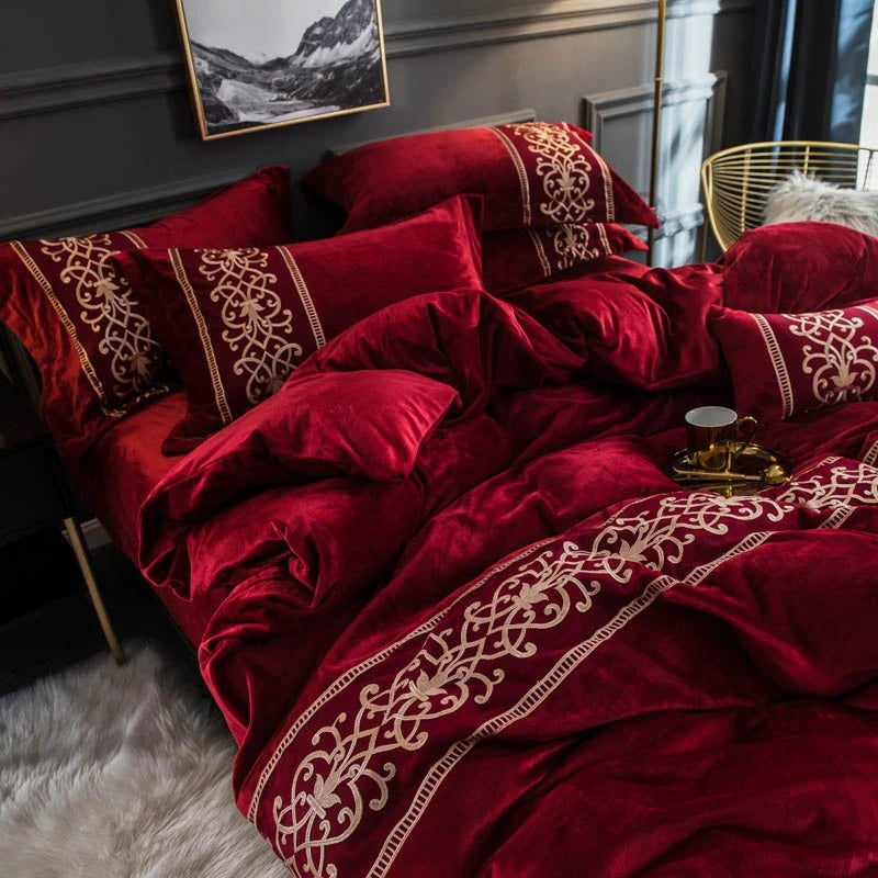 Luxury Aplic Work Velvet Duvet Red