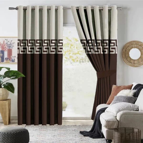 2 PIECE OF PREMIUM VELVET CURTAINS BORDER DESIGN (BROWN & OFFWHITE)