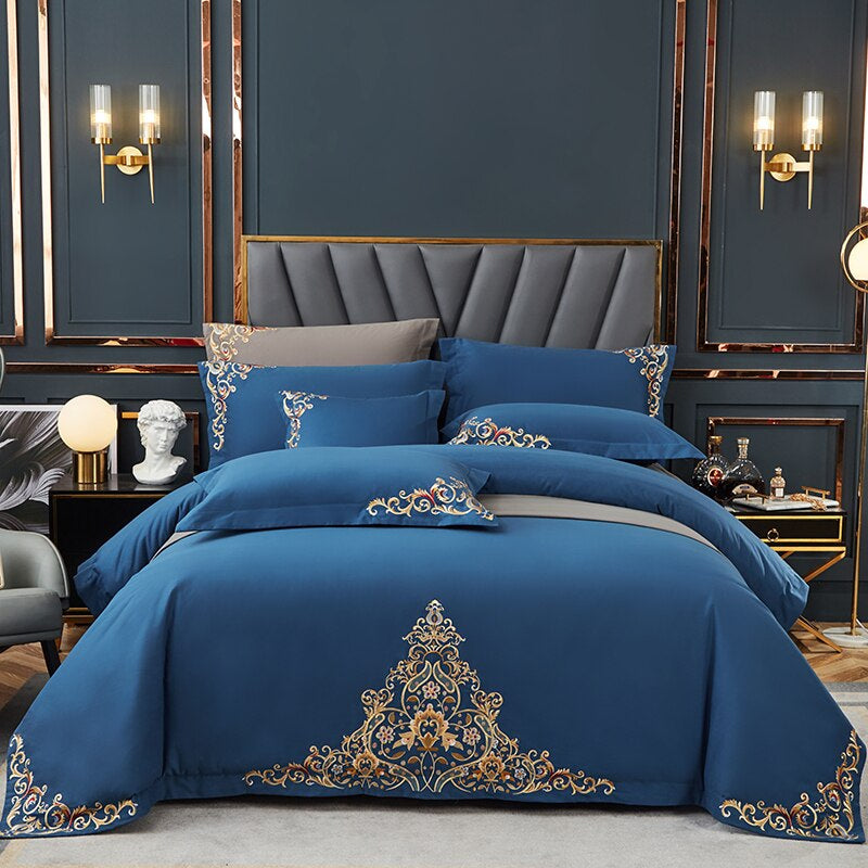 Mariana Centered Embroidered Motif Duvet Cover Set-Royal Blue