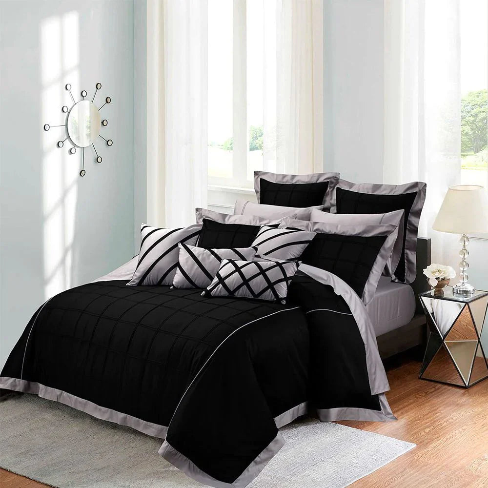 Black Embellish Box Pleats Duvet Set