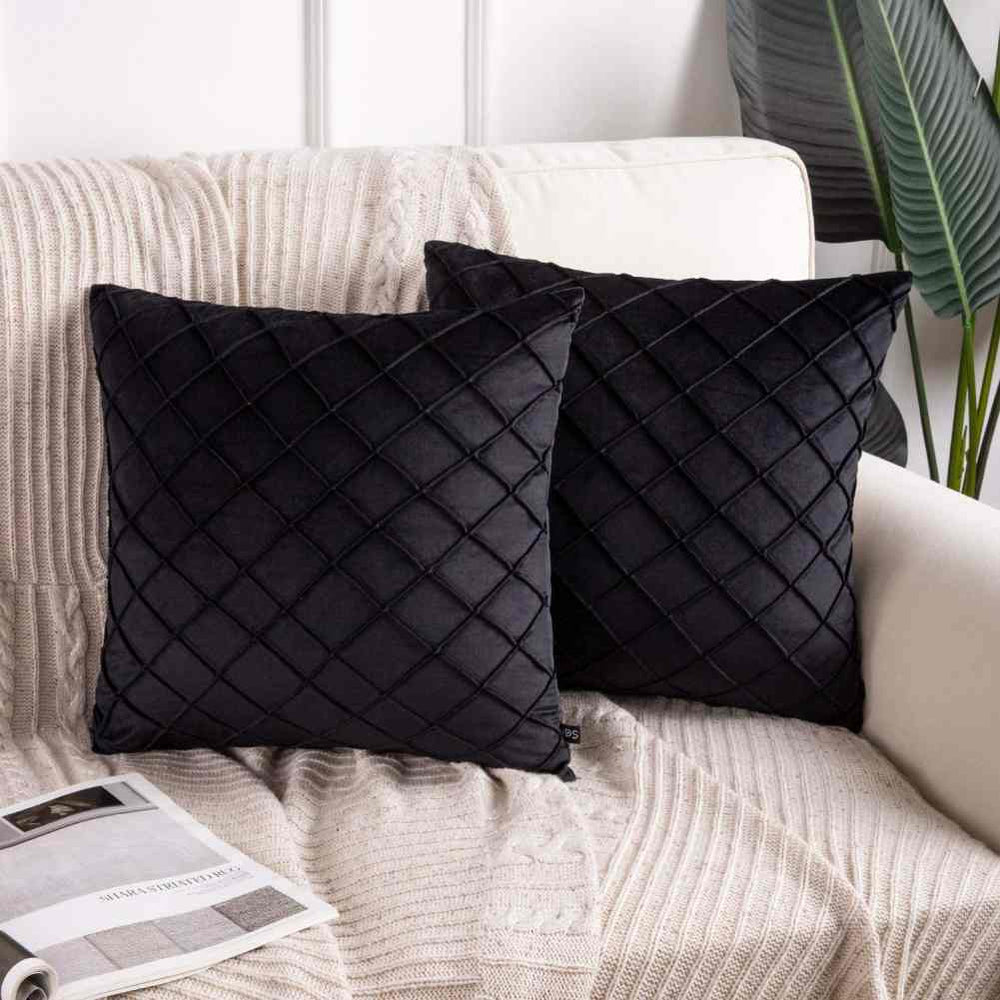 pack of 2 Velvet Pleated Square Cushion - Black