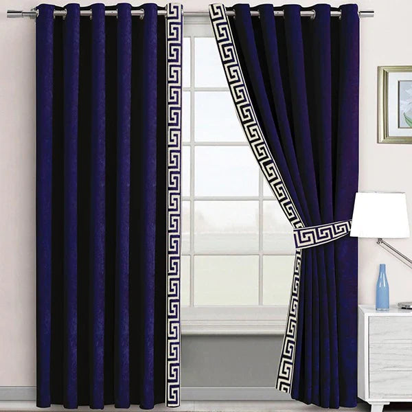 2 Panels Luxury Velvet Embroidered Curtains With 2 Belts(Navy&offWhite)