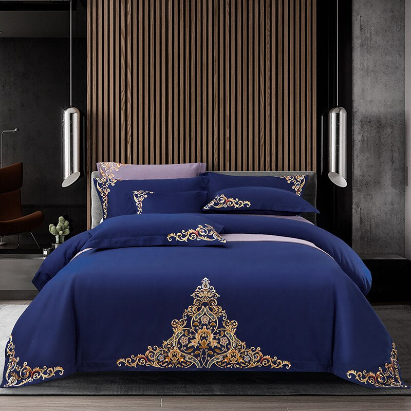 Mariana Centered Embroidered Motif Duvet Cover Set-Navy