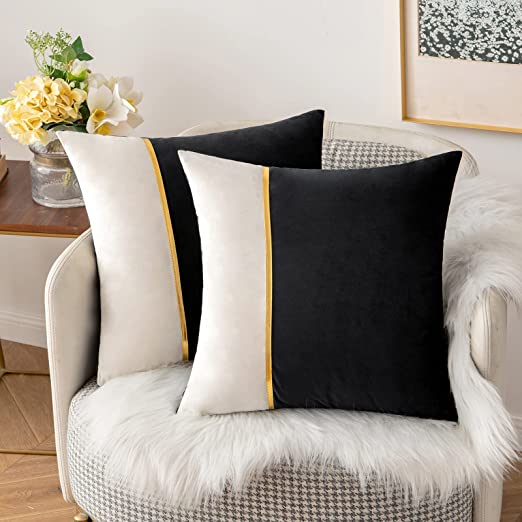 Pack of 2 Velvet Decorative Square Cushion - Black and White