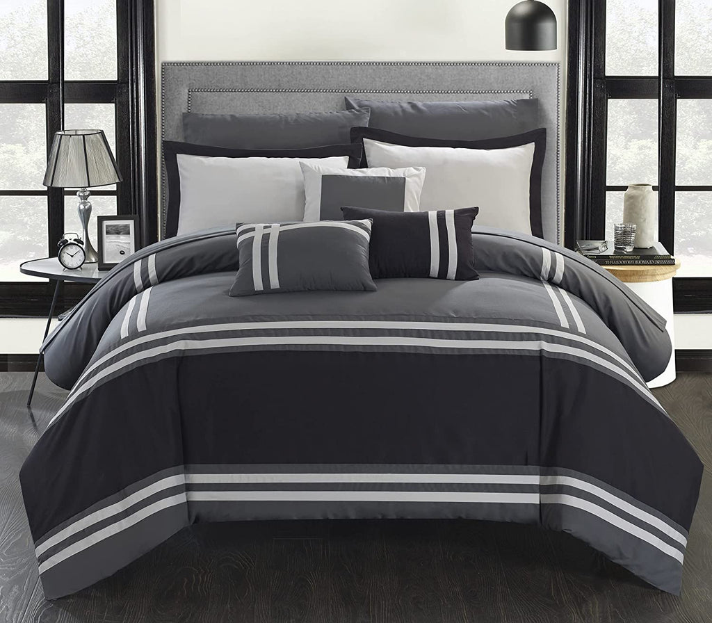 Flowol (Black on Grey)-Duvet Set 8 Pcs (Luxury)