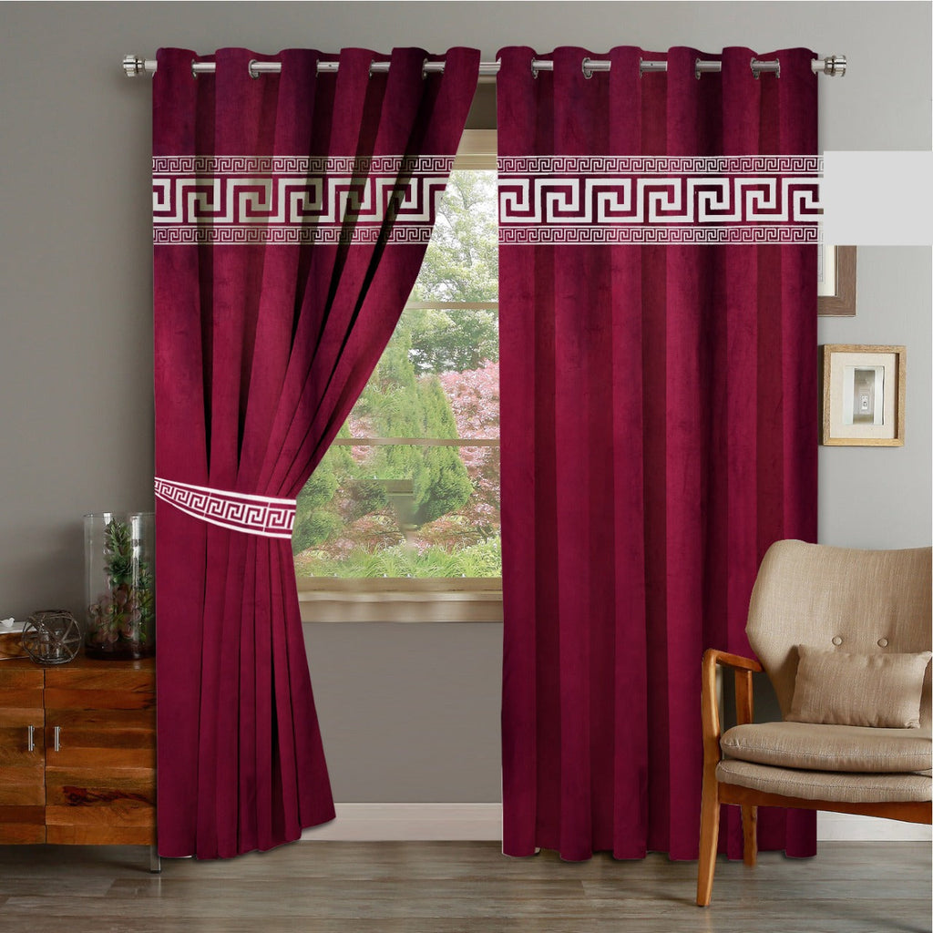 2 Panels Luxury Velvet Embroidered Curtains With 2 Belts(Maroon & White)