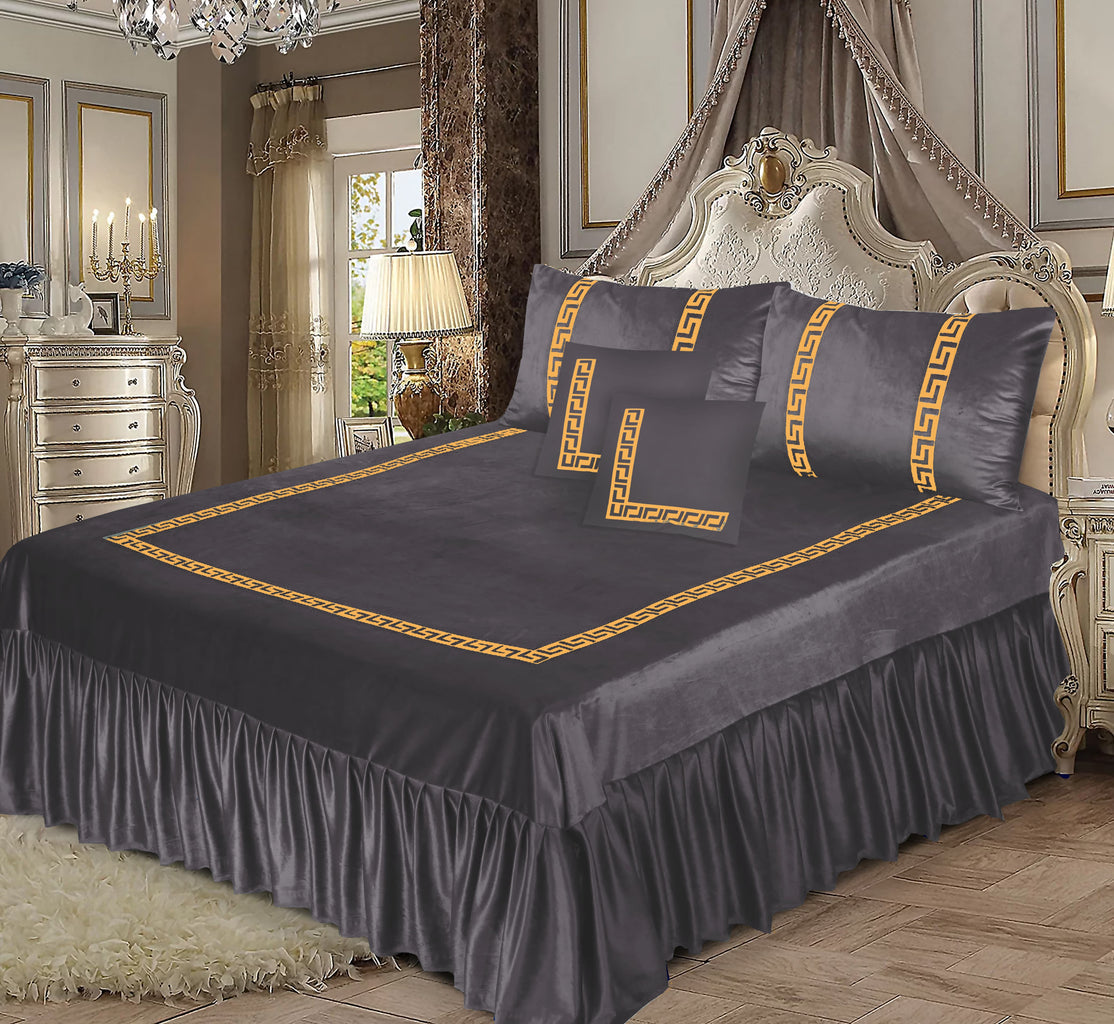 5PCS GREY VELVET FRILL BED SHEET SET BE-1502