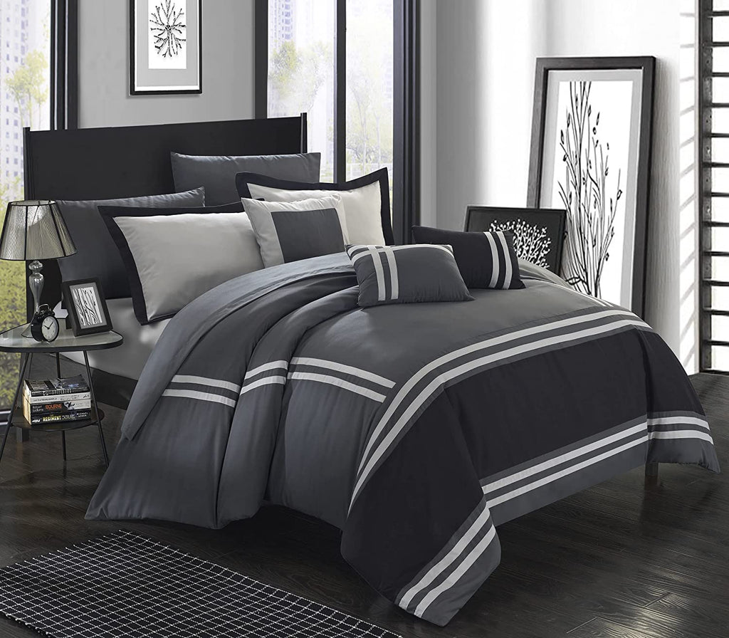 Flowol (Black on Grey)-Duvet Set 8 Pcs (Luxury)