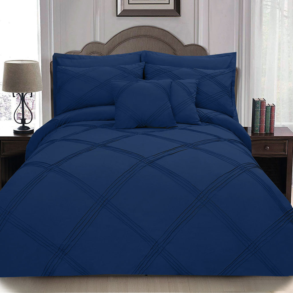 8 pcs 3 Row Cross Pleated Duvet Set Blue