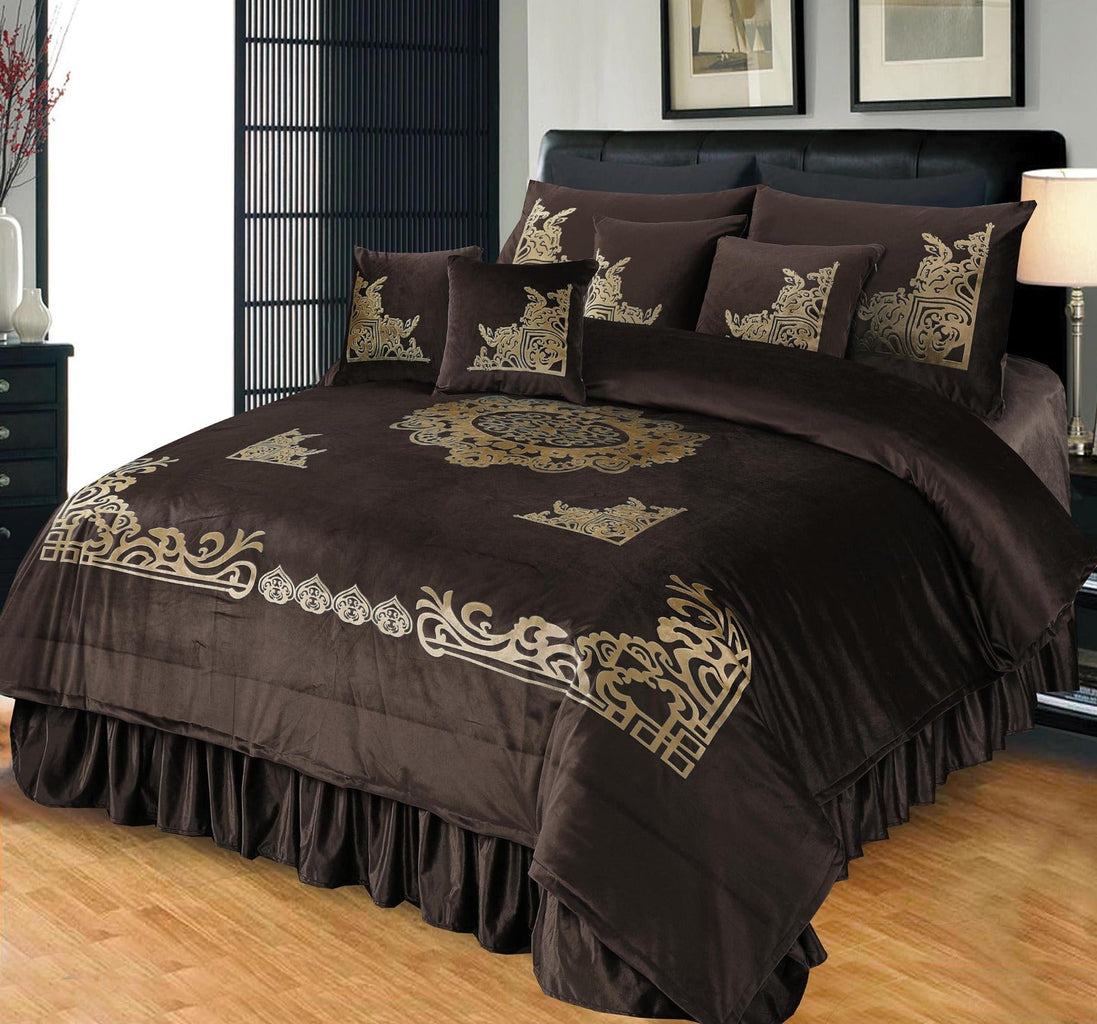 8 Pcs Luxury Velvet Duvet Set Coffee