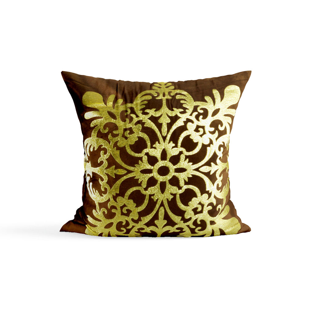 Pack of 2 Velvet Brown Cushion Cover with Golden Motif