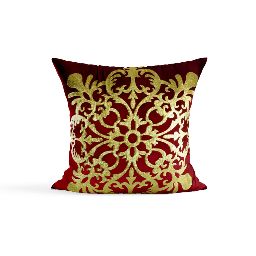 Pack of 2 Velvet Maroon Cushion Cover with Golden Motif