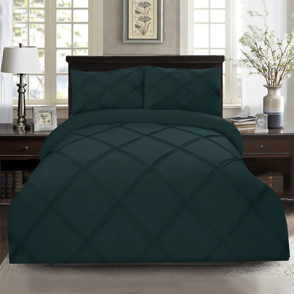 8 pcs 3 Row Cross Pleated Duvet Set Deep Green