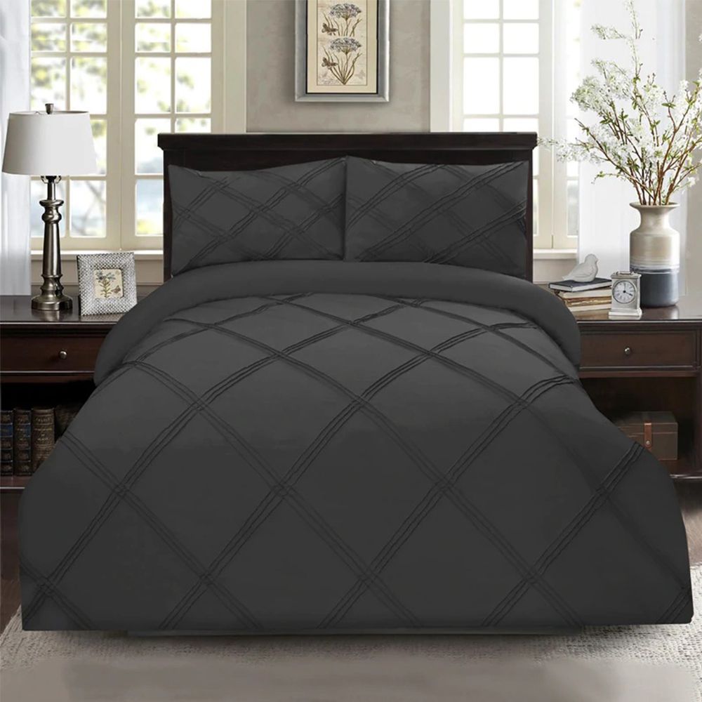 8 pcs 3 Row Cross Pleated Duvet Set Charcoal Gray