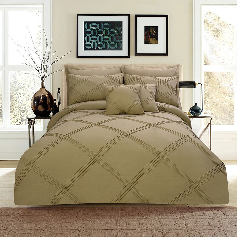 8 pcs 3 Row Cross Pleated Duvet Set Beige