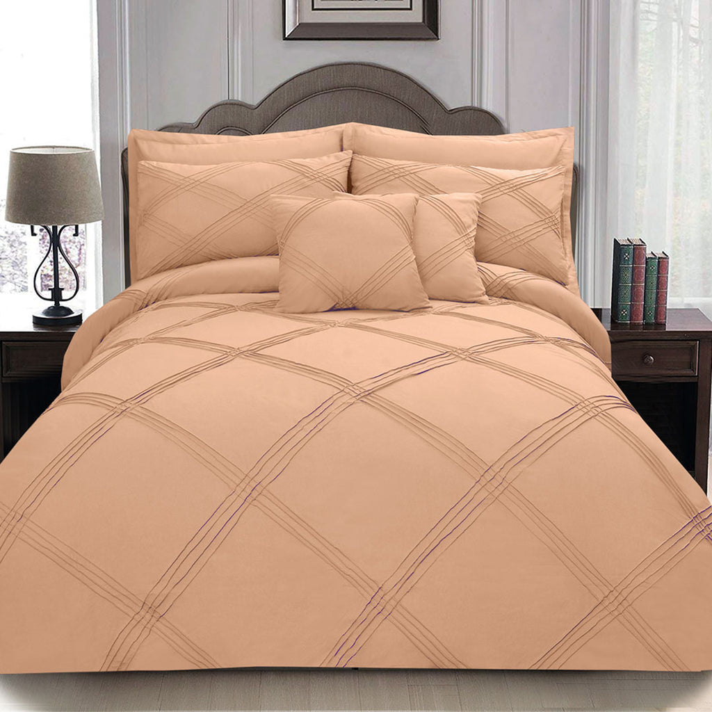 8 pcs 3 Row Cross Pleated Duvet Set Peach