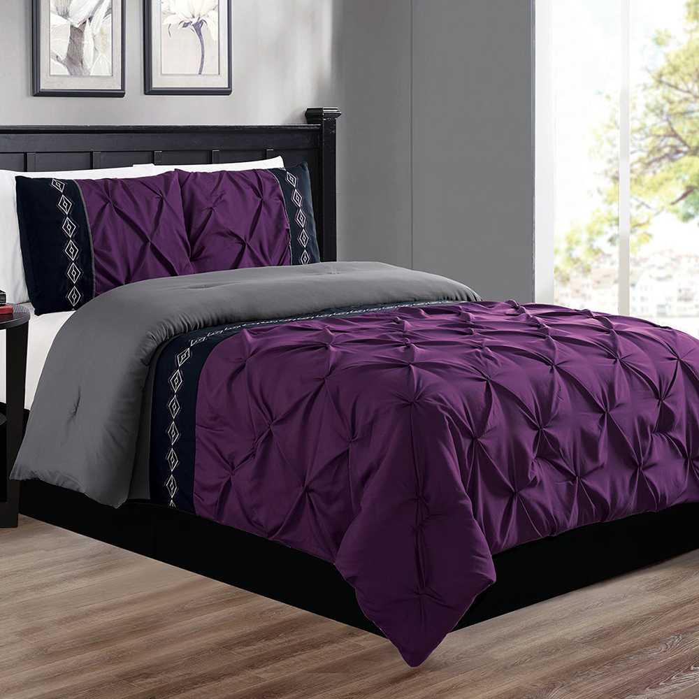 Embroidered Pintuck Duvet - Purple & Grey