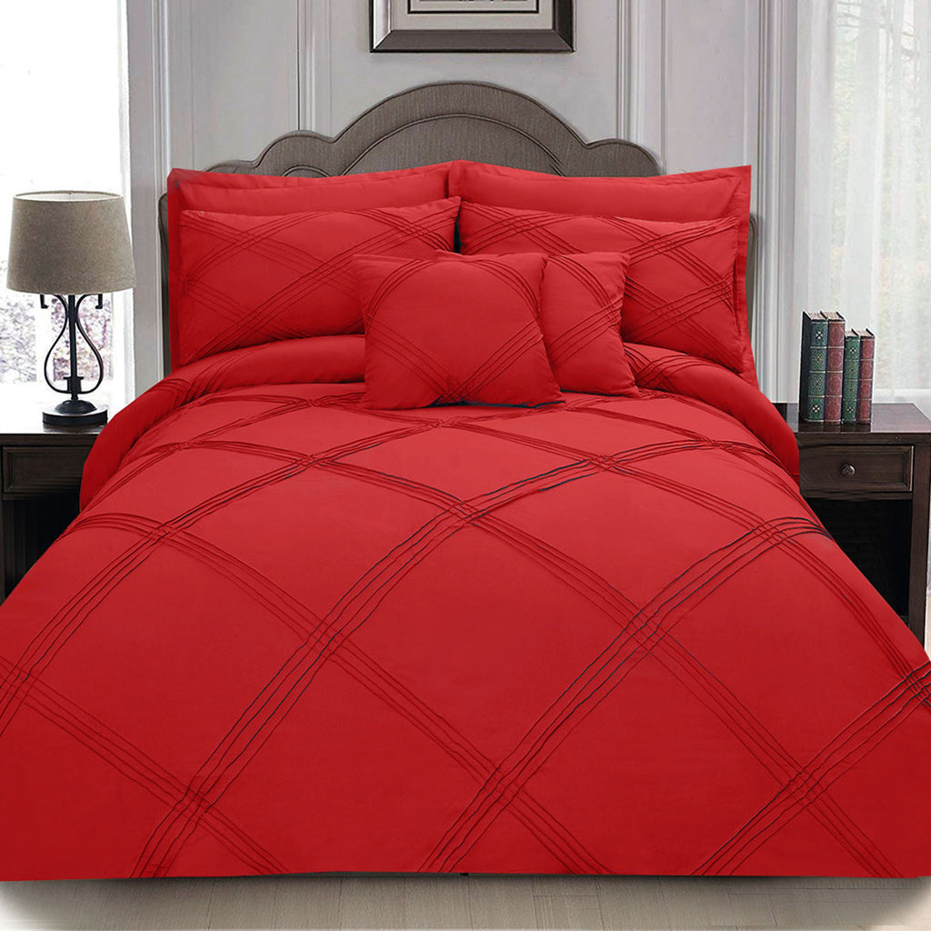 8 pcs 3 Row Cross Pleated Duvet Set Red