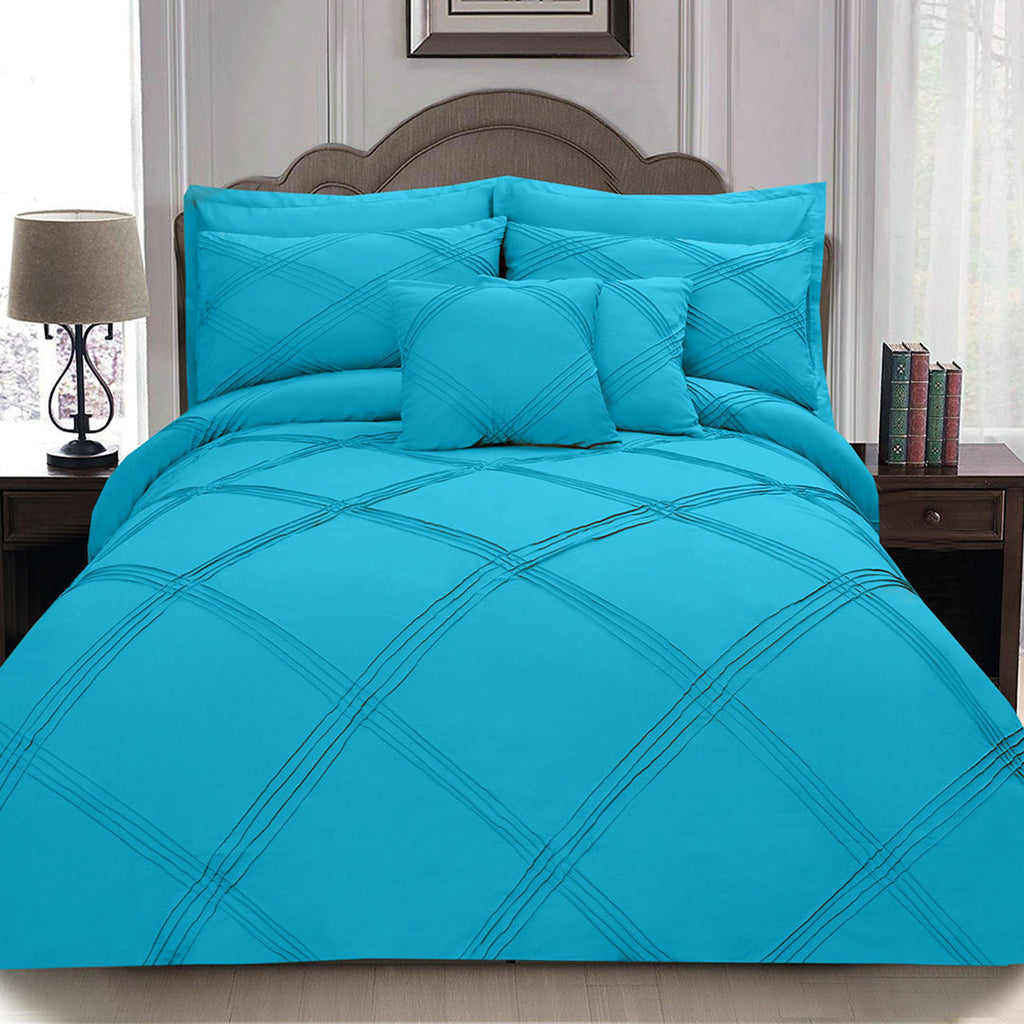 8 pcs 3 Row Cross Pleated Duvet Set Sky Blue