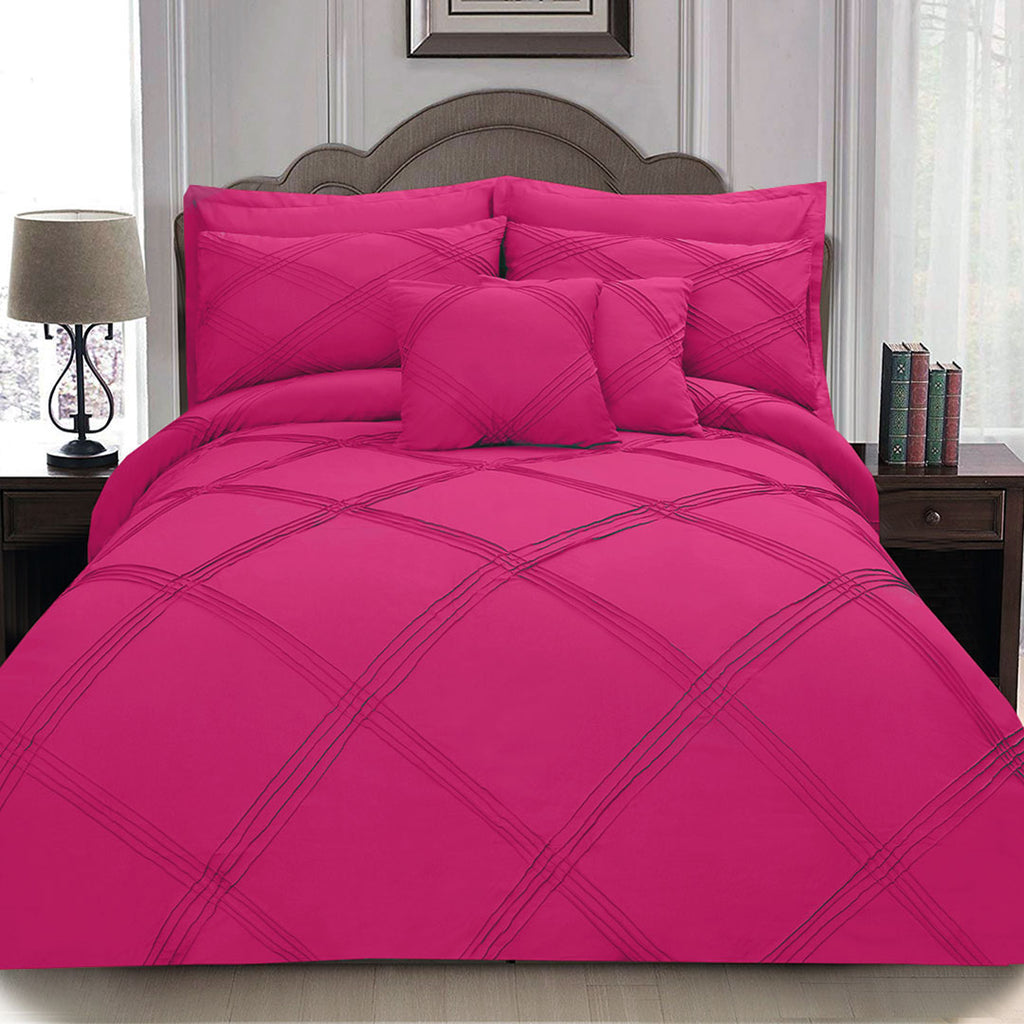 8 pcs 3 Row Cross Pleated Duvet Set Shocking Pink