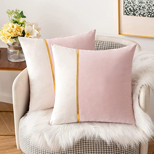 Pack of 2 Velvet Decorative Square Cushion - Soft Pink and White