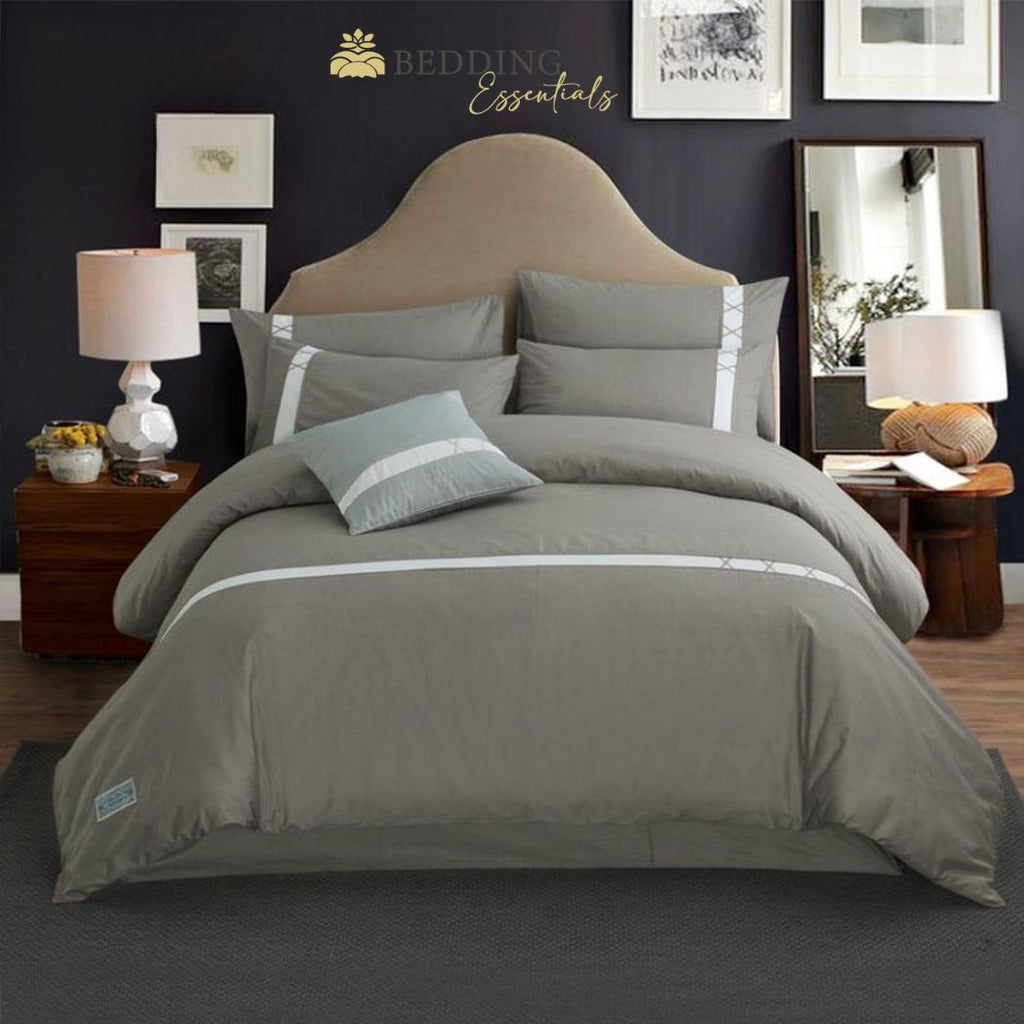 8 Pcs Luxury Horizontal Stripe Duvet Set-Coffee Grey