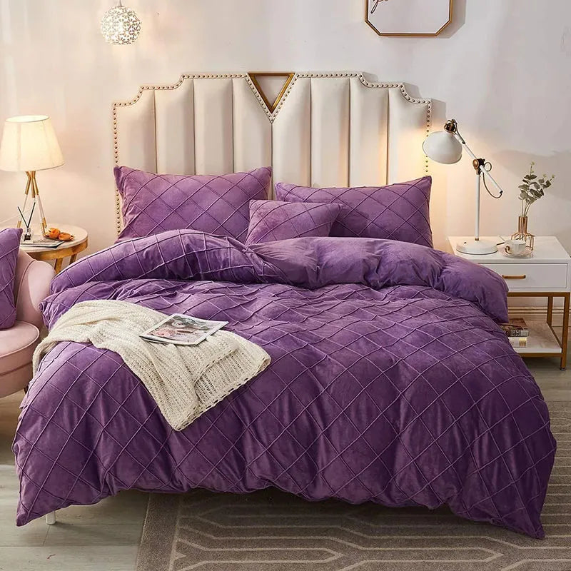 8 Pc's Velvet Cross Pleated Duvet Set - Purple