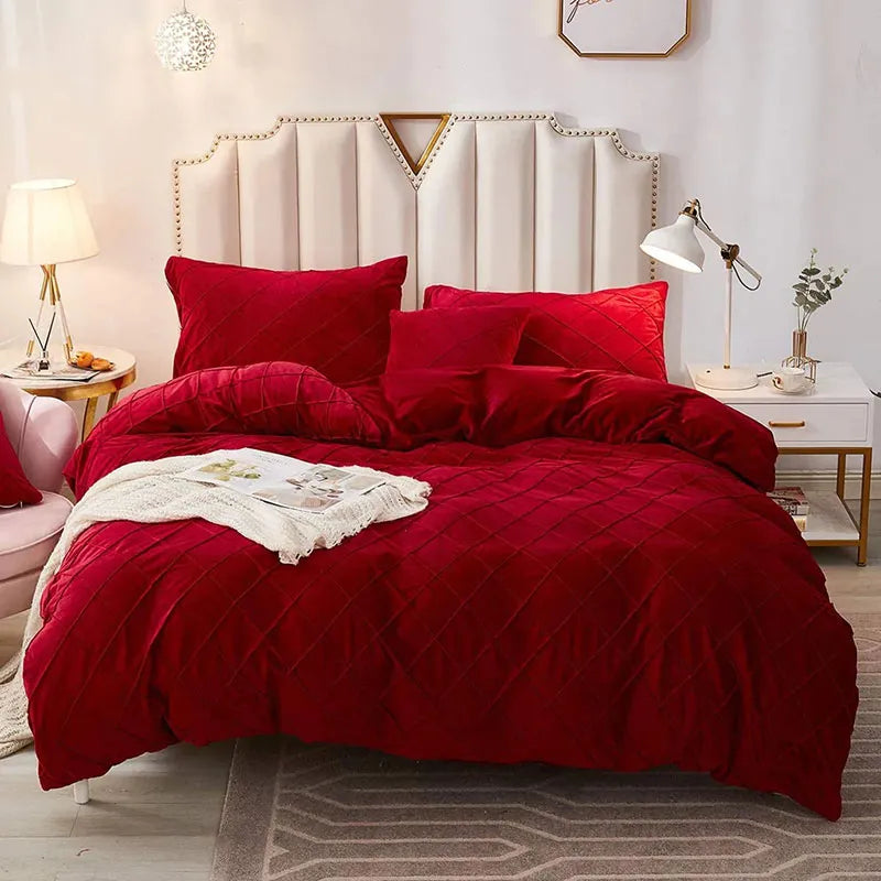 8 Pc's Velvet Cross Pleated Duvet Set - Red